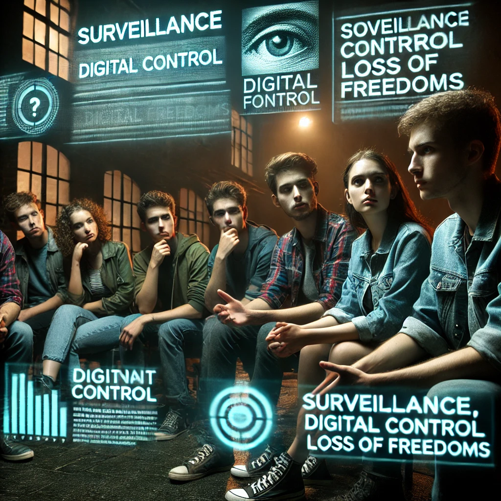 jóvenes reflexionando sobre la vigilancia, el control digital y la pérdida de libertades, con un ambiente que representa la toma de conciencia y la resistencia.